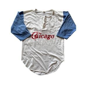 Vtg Chicago Blue 3/4 Sleeve USA Made Miller Single Stitch S White Henley Jersey